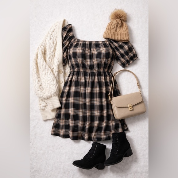 Torrid Black & Brown Plaid Puff Sleeve Mini Challis Dress, Large, NWT! - Picture 11 of 16